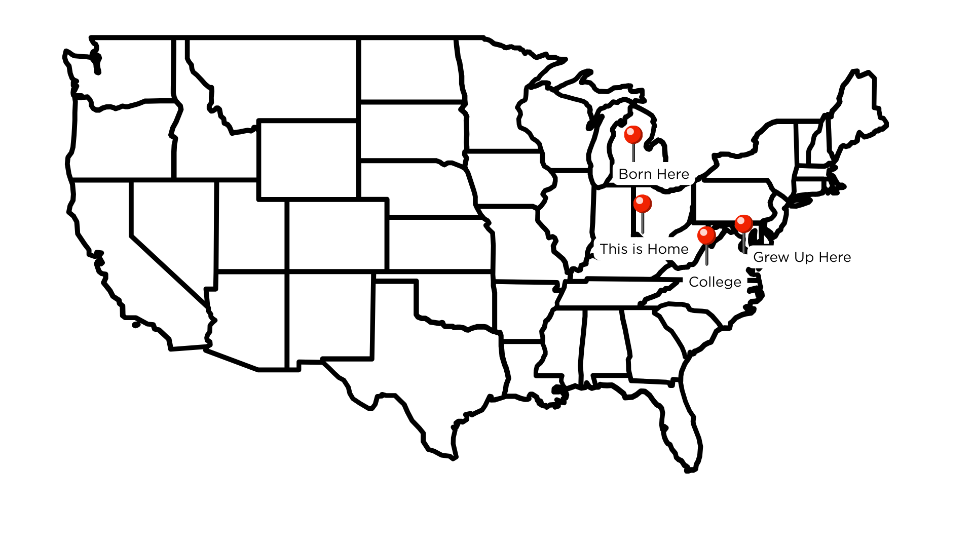 A map of the United States showing places relevant to Patrick Malinowski. Where he was born, where he grew up, where he went to college, and where he lives now.