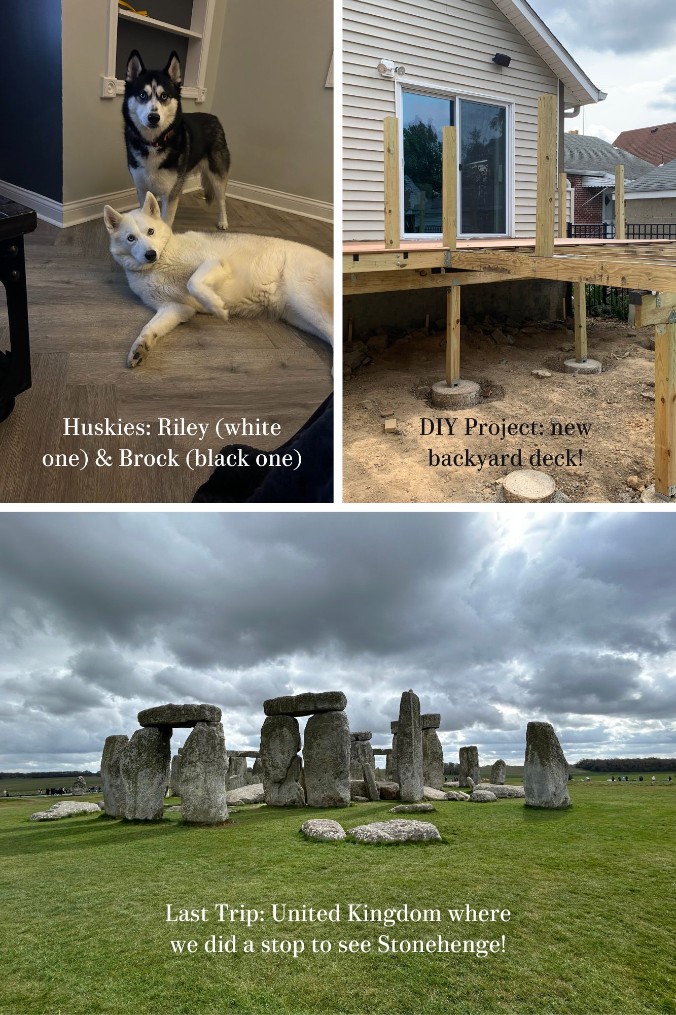 A photo collage of Pat's interests, including his huskies in the top left, a picture of an in-process DIY project in the top right, and an example picture of one of his recent trips to the UK in the bottom.